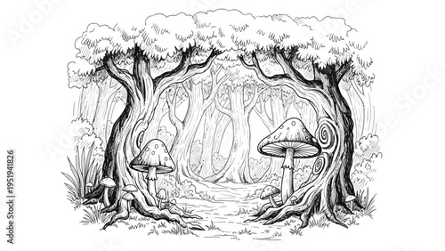 Black and white line art illustration of an enchanted forest with large trees and mushrooms