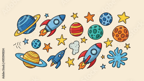 Set of hand drawn cartoon space elements including rockets, planets, and stars