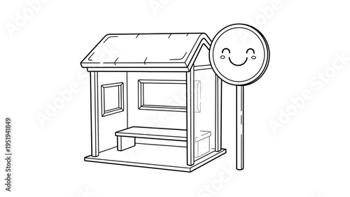 Cute line art illustration of a bus stop with a happy smiley face sign for coloring.
