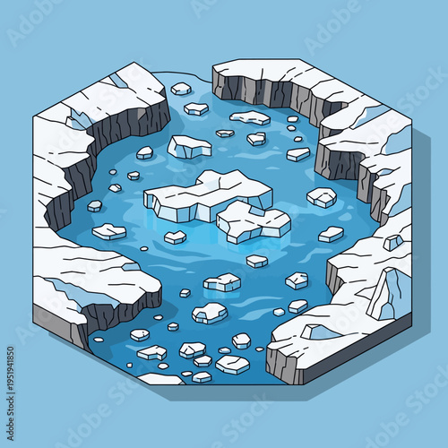 Isometric illustration of a glacial lake with icebergs floating in the water surrounded by snow-covered cliffs.
