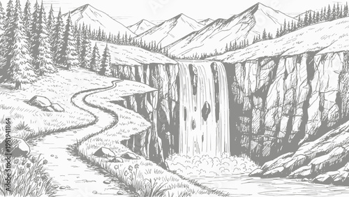 Sketch of a scenic mountain landscape with a waterfall and a winding hiking trail