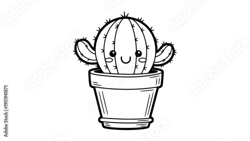 Cute kawaii cactus character in a flower pot line art for coloring book page