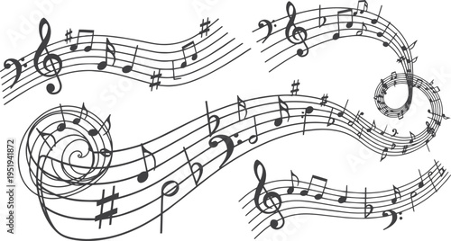 Musical Staff with Notes and Wavy Pentagram Seamless Pattern