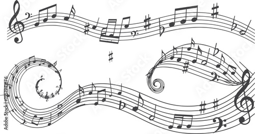 Musical Staff with Notes and Wavy Pentagram Seamless Pattern