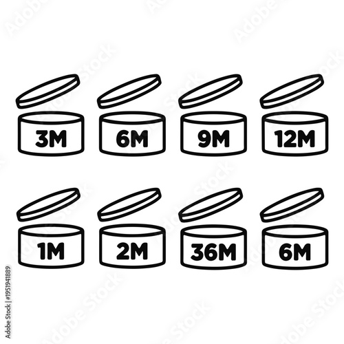 Period After Opening PAO Icons Set - Cosmetic Expiry Month Vector Symbols