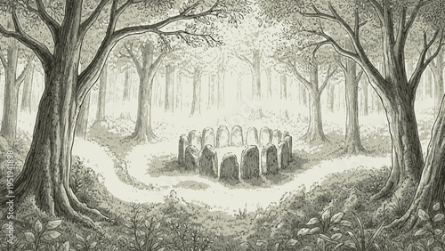 Mystical stone circle in a dense ancient forest clearing.