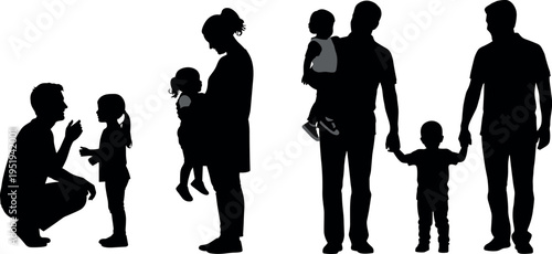 Silhouette vector illustration of adults interacting with children, parenting gestures, caregiving, family unity, child development, expressive design