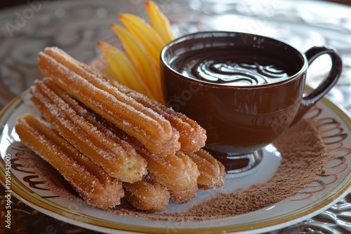 Crispy churros sprinkled with sugar, served with a cup of hot chocolate, creating a tempting scene of sweet indulgence