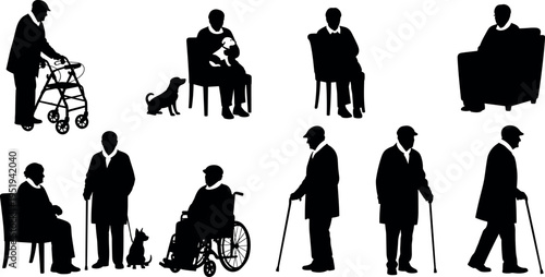Elderly people silhouette vector illustration, seniors with cane, walker, wheelchair, companionship, aging lifestyle, elder care, mobility support, family design