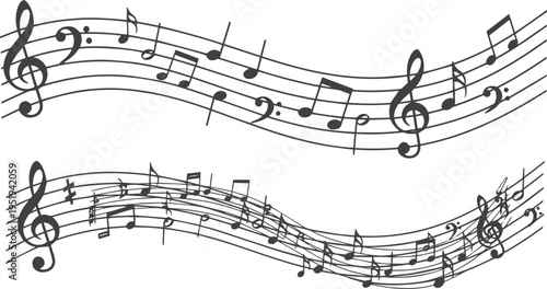 Musical Staff with Notes and Wavy Pentagram Seamless Pattern