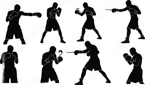 Silhouettes of boxer in multiple stances, punching, guarding, training movements, dynamic sports vector illustration for fitness and martial arts design