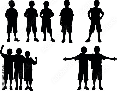 Black silhouettes of boys in standing poses, expressive gestures vector artwork for childhood, posture, behavior, and design content
