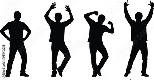 Silhouettes of person in expressive poses, dynamic gestures, body language concept, human posture variety, black vector illustration, design elements