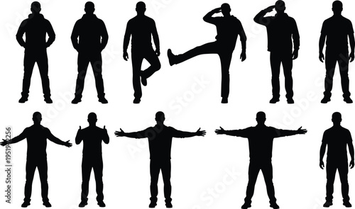 Human silhouettes in diverse standing poses, gesture illustration symbolizing posture variation, physical expression, movement, animation, gesture recognition concept