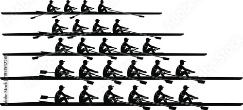 Rowing team silhouettes in triangular sequence, athletes in boats, synchronized rowing motion, creative vector artwork, modern sports design illustration