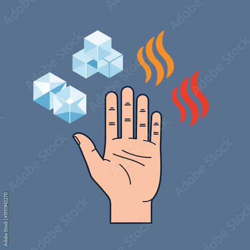 A hand with ice cubes and flames, representing cold and heat, contrasting elements.