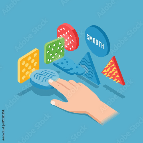 Isometric illustration of a hand interacting with various textured shapes, representing different surface qualities.