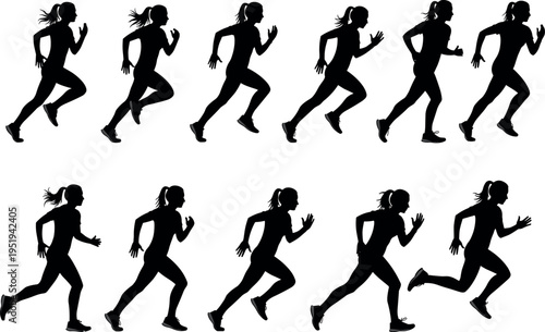Running silhouette vector illustration showing dynamic motion sequence, athletic stride progression, sports activity artwork, creative design elements, fitness composition, movement study