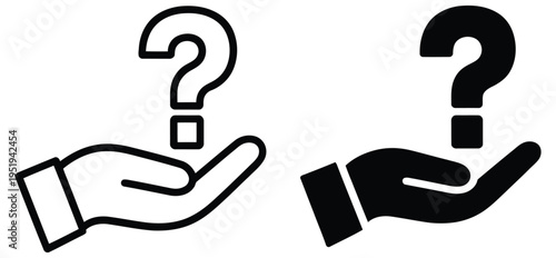 Question mark held by hand icon, representing assistance, user query, information request, and support service vector