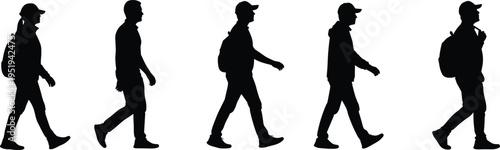 Walking silhouettes, backpack and cap, pedestrian motion, gait progression, outdoor activity, movement analysis, vector illustration resource