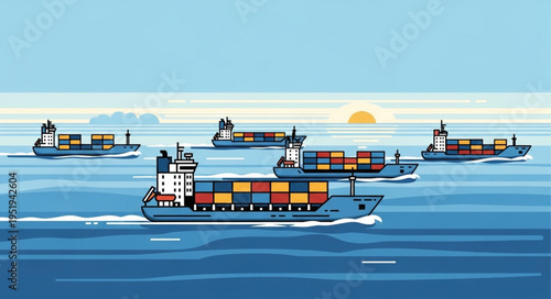 Container Ships at Sea - A Fleet of Cargo Vessels.