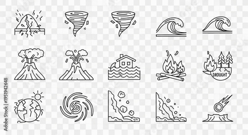 Collection of Natural Disaster Icons - Earthquake, Tornado, Tsunami, Volcano, Flood, Fire, Hurricane, Landslide, Meteor.