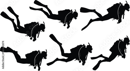 Scuba diver silhouettes swimming underwater, fins, tanks, masks, aquatic exploration, marine lifestyle, diving sport vector illustration design