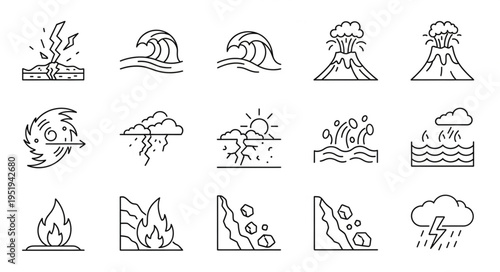 Collection of Natural Disaster Icons - Earthquake, Tsunami, Volcano, Hurricane, Flood, Landslide, Fire.