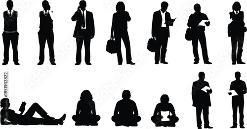Silhouettes of professionals with briefcases, reading documents, phone calls, seated figures with laptops, casual postures, work and leisure vector illustration design