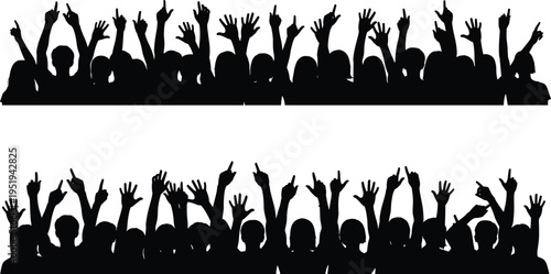 Cheering crowd silhouettes with raised hands, unity, celebration, public gathering, concert, protest, enthusiasm, collective energy, vector illustration design