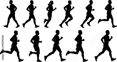 Silhouettes of runners in motion sequence, showing athletic movement, speed, energy, biomechanics, training, arranged in rows against white background