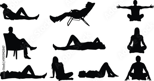 Seated and reclining silhouettes illustration, human posture vector design, relaxation positions icons, ergonomic body art, comfort collection