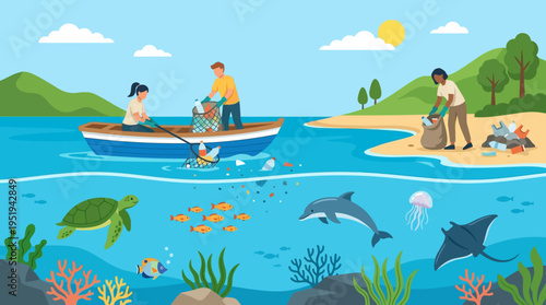 Dolphins and sea creatures swimming together.