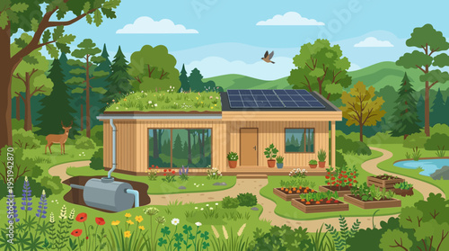 Eco friendly house with solar panels.