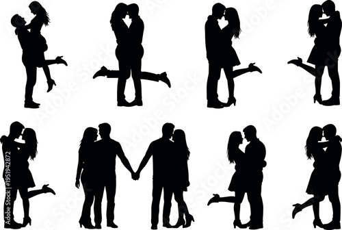 Black silhouettes of couples in romantic poses, hugging, kissing, holding hands vector artwork for love, relationship, and design content