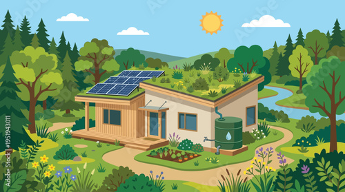 Sustainable house with solar panels roof.