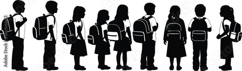 Silhouettes of school children wearing backpacks, standing in line, student life scene, educational vector artwork, modern design illustration