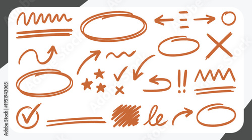 Line pen red highlight arrow set. Line pen hand drawn marker stroke red underline, check mark, emphasis. Arrow, star, round frame marker scribble stroke icon elements. Vector illustration