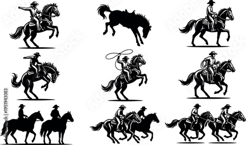Silhouette vector illustration of cowboys riding horses, western culture, rodeo action, ranch lifestyle, dynamic poses, galloping, roping, bucking horse