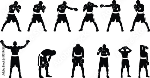 Silhouette collection of boxer poses, fighting stances, victory gestures, emotional postures, vector illustration for design, cataloging, classification, SEO optimization