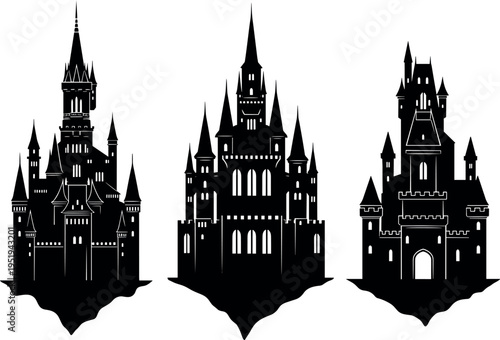 Fantasy castle silhouette vector illustration with magical architecture, medieval towers, imaginative design elements, floating fortress artwork, decorative fairytale composition