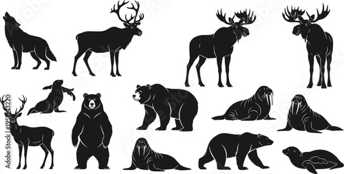 Wild animal silhouettes, Arctic wildlife, northern forest creatures, moose, caribou, wolf, bear, seal, walrus, deer, polar bear vector illustration design