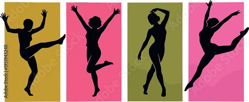 Silhouette vector illustration of dancers in dynamic poses, vibrant colored backgrounds highlighting energy, rhythm, and artistic movement expression