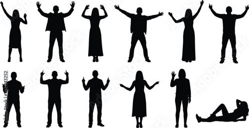 Human silhouettes vector illustration with expressive body language, diverse poses, standing gestures, lying posture, lifestyle concept, art design, people representation
