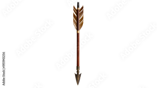 фотографія Vintage wooden arrow with golden brown feathers and metallic arrowhead, perfectl