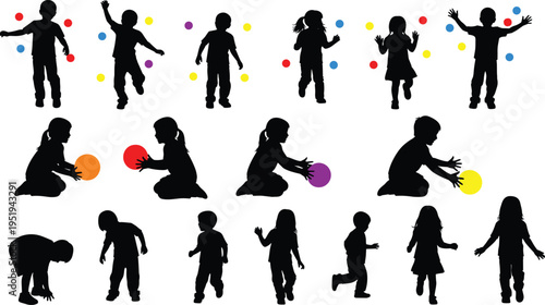 Silhouette collection of children playing with colorful balls, standing, sitting, walking, interacting, vector illustration for design, cataloging, classification, SEO optimization