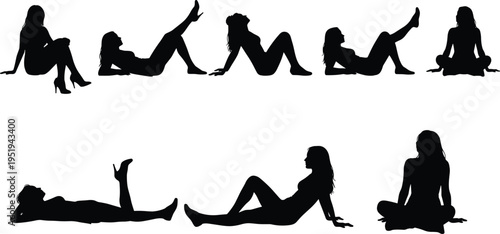 Silhouettes of seated and reclining individuals, casual relaxed poses, diverse body postures concept, black vector illustration, creative design elements