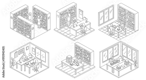Set of 6 isometric office interior vector illustrations