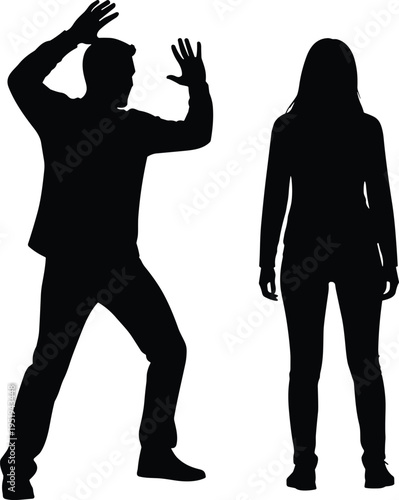Two people silhouettes in contrasting poses, expressive body language vector illustration, character dynamics artwork, interpersonal communication design concept