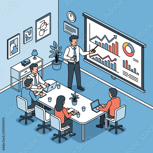 A business presentation is being given to a group of people in a meeting room.